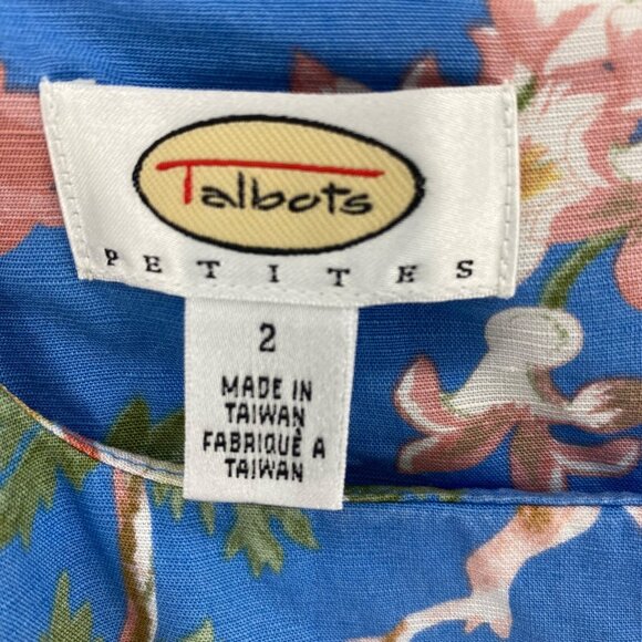 Talbots Dress Womens 2 Petite Blue Multi Floral Linen Blend A Line Empire Waist - Picture 5 of 11